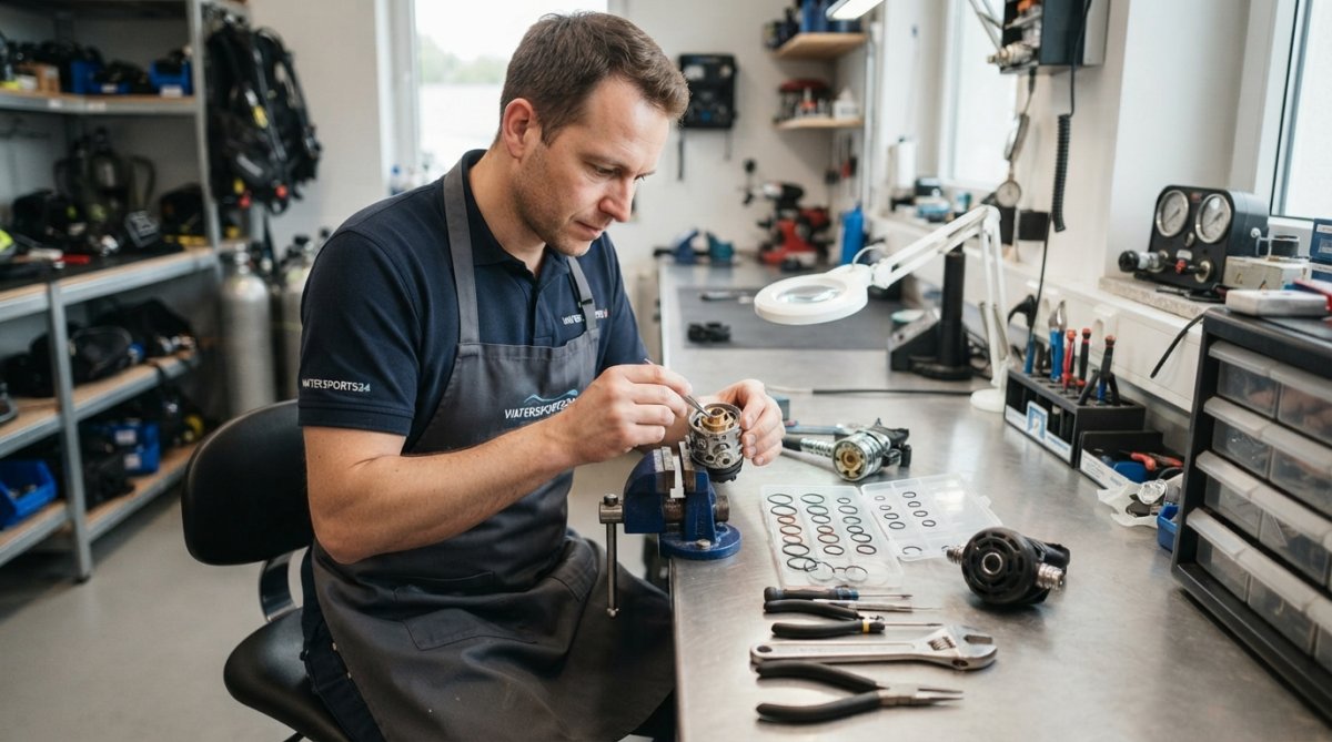 Techniker arbeitet konzentriert an Atemregler-Komponenten in einer modernen Werkstatt, mit Servicekit, O-Ringen und Werkzeugen auf einer sauberen Werkbank, professionelle Beleuchtung