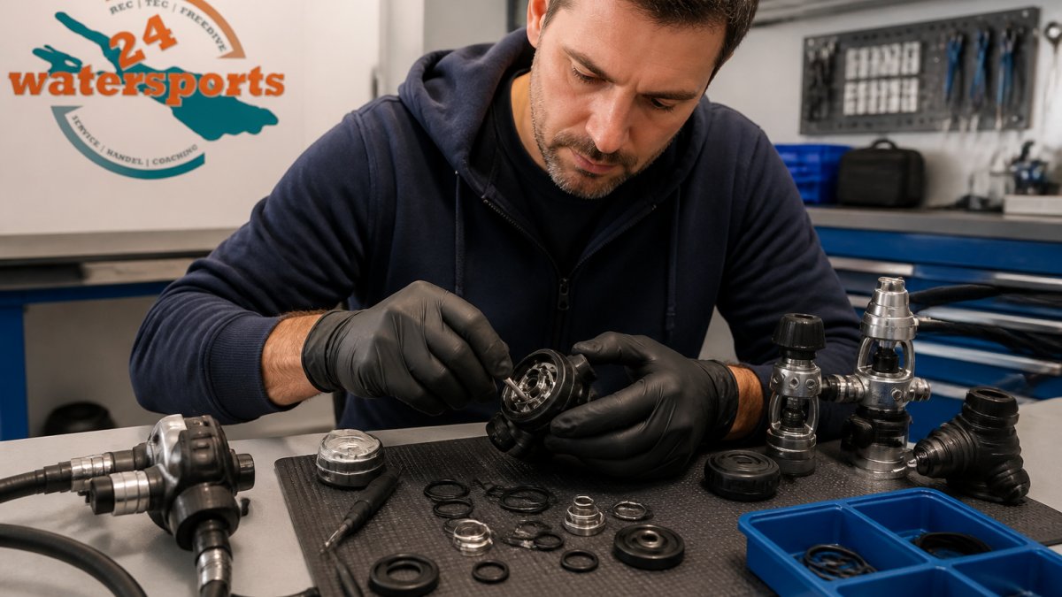 Professioneller Techniker inspiziert und wartet einen Atemregler in einer modernen Werkstatt, mit Werkzeugen, O-Ringen und Ventilkomponenten auf dem Arbeitsplatz, helles Licht auf den technischen Details
