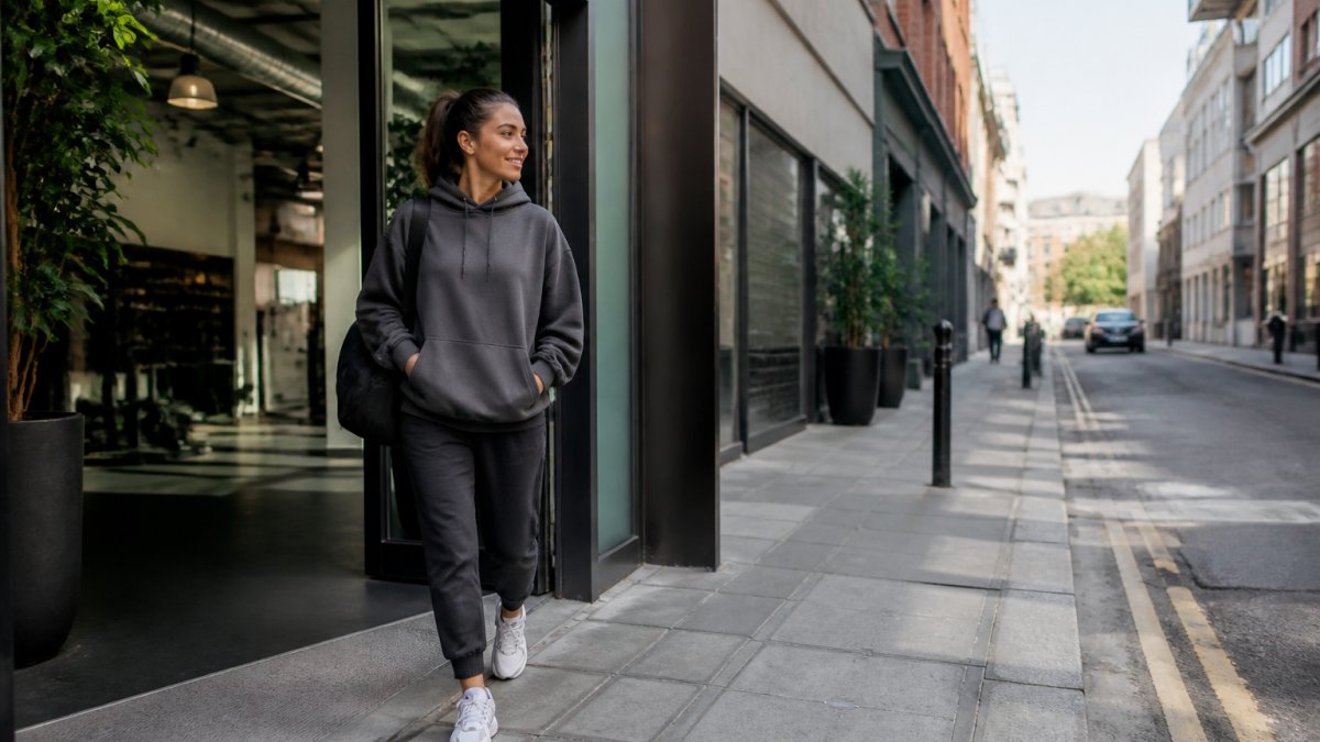 Woman wearing breathable gym joggers paired with a casual oversized hoodie and trainers, transitioning from a fitness studio to an urban street setting with natural daylight