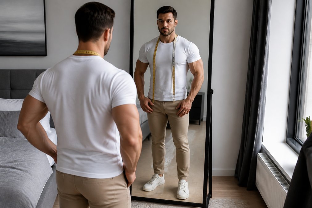 Muscular man checking shoulder and thigh fit of athletic build clothing with a tape measure in a bedroom mirror