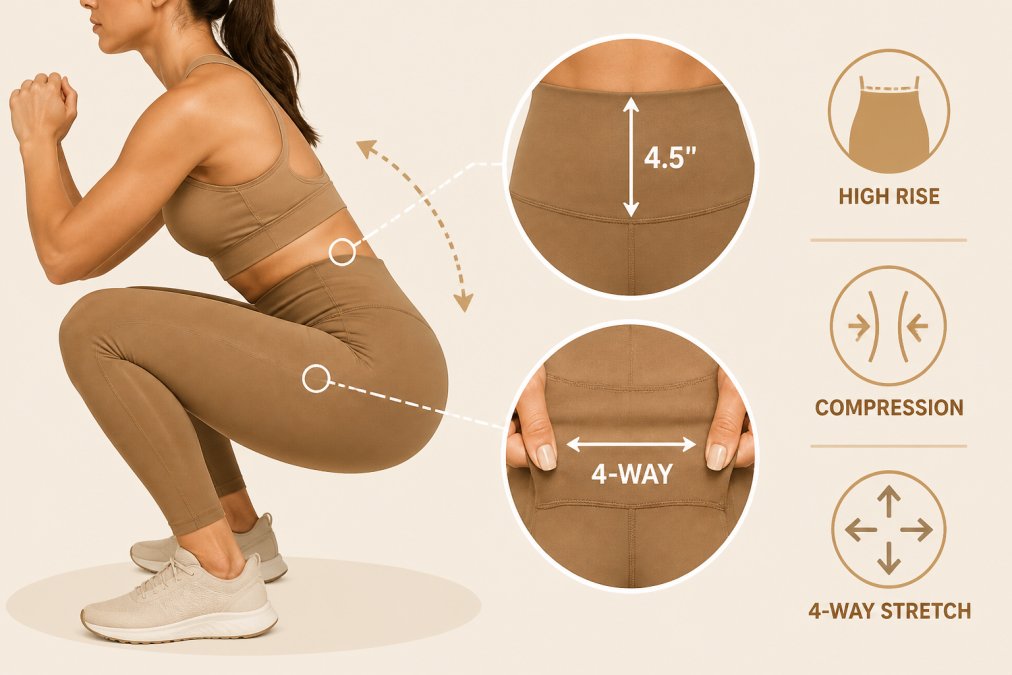 Close-up of a woman in high-rise athletic leggings demonstrating the waistband fit and fabric stretch during a deep squat movement, showing proper compression against the body