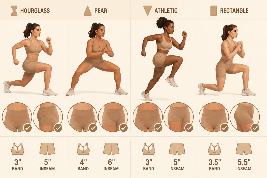Woman wearing well-fitted athletic shorts and top during a dynamic workout movement, showing how proper fit prevents bunching and rolling across different body types