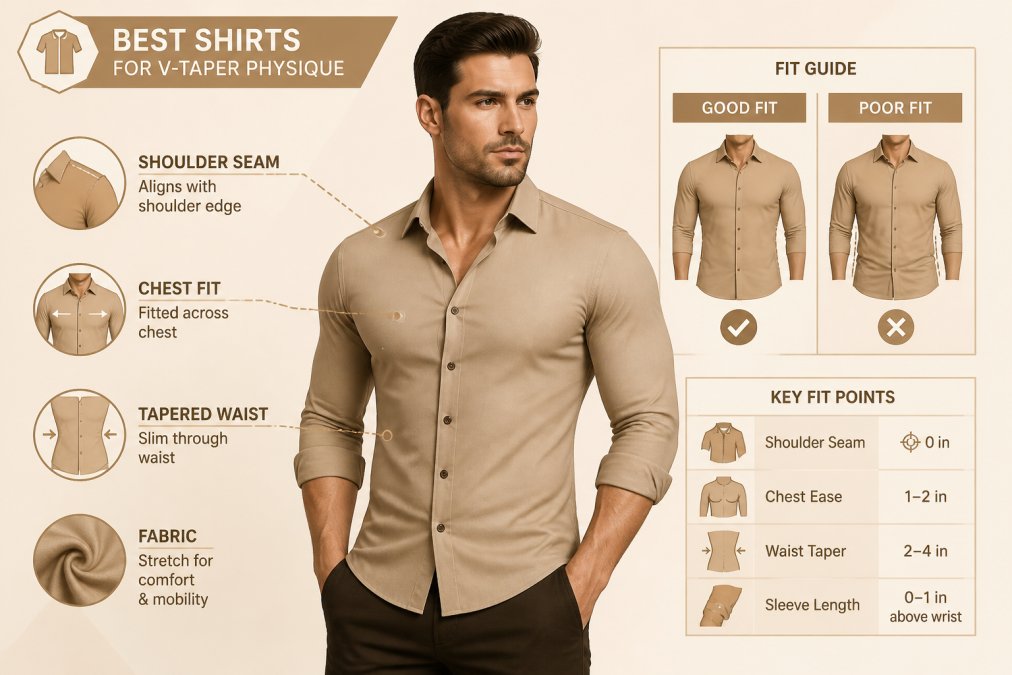 Fit model with athletic build wearing a well-fitted tapered shirt showing proper shoulder seam placement and chest definition without excess fabric at the waist, photographed in natural studio lighting