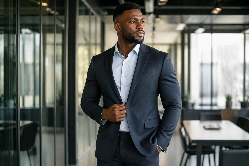 Athlete wearing a structured blazer with proper shoulder construction, demonstrating how tailored layering creates visual balance from broad shoulders to tapered waist, photographed in professional office lighting