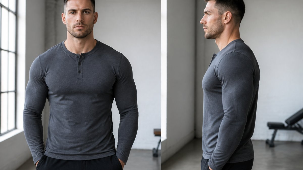 Muscular man wearing an athletic fit Henley photographed from front and side angles, showing proper shoulder seam alignment at the edge of the shoulder, chest fit without fabric pulling, and tapered waist definition