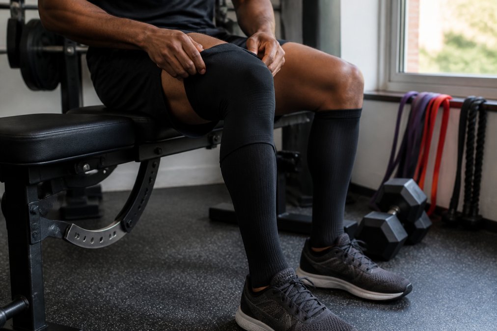 Athlete wearing black compression sleeves and athletic gear while resting on a gym bench with resistance bands.