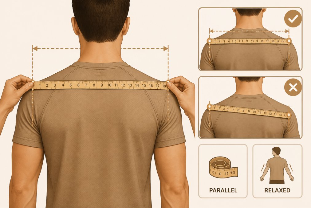 Close-up of a person measuring shoulder width with a soft measuring tape positioned across the back shoulders, showing proper tape placement parallel to the ground and relaxed arm posture