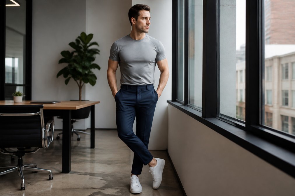 Athletic person with broad shoulders wearing a fitted gray gym top styled with tailored navy trousers and white sneakers in a modern office setting with natural window lighting