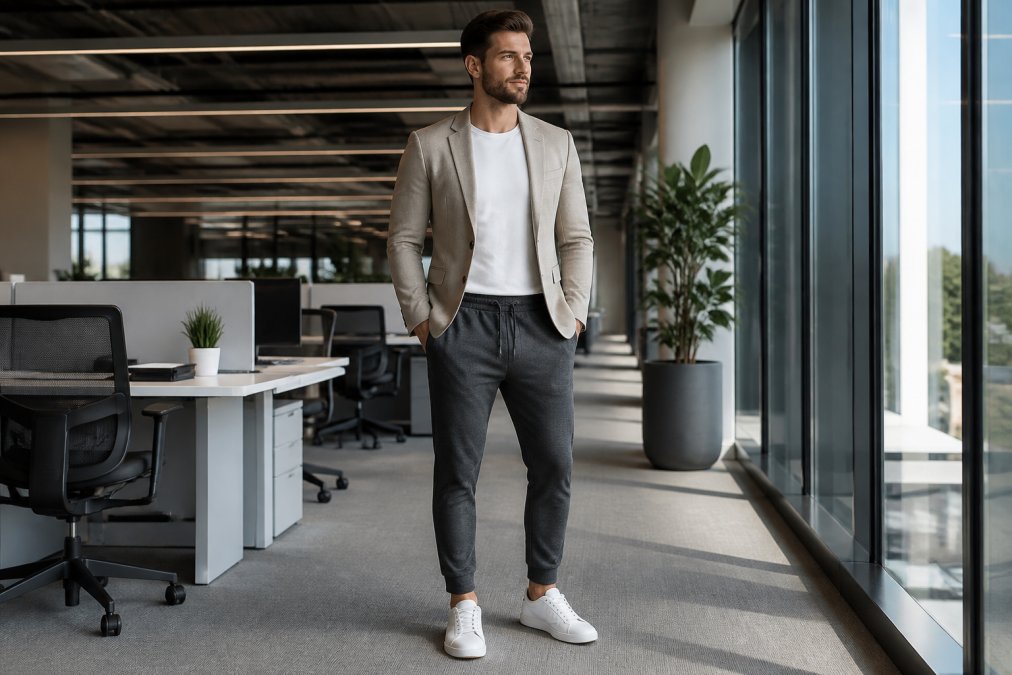 Professional wearing tailored joggers in charcoal gray with a structured blazer in neutral tone, paired with minimalist leather sneakers, standing in modern office setting with natural window lighting