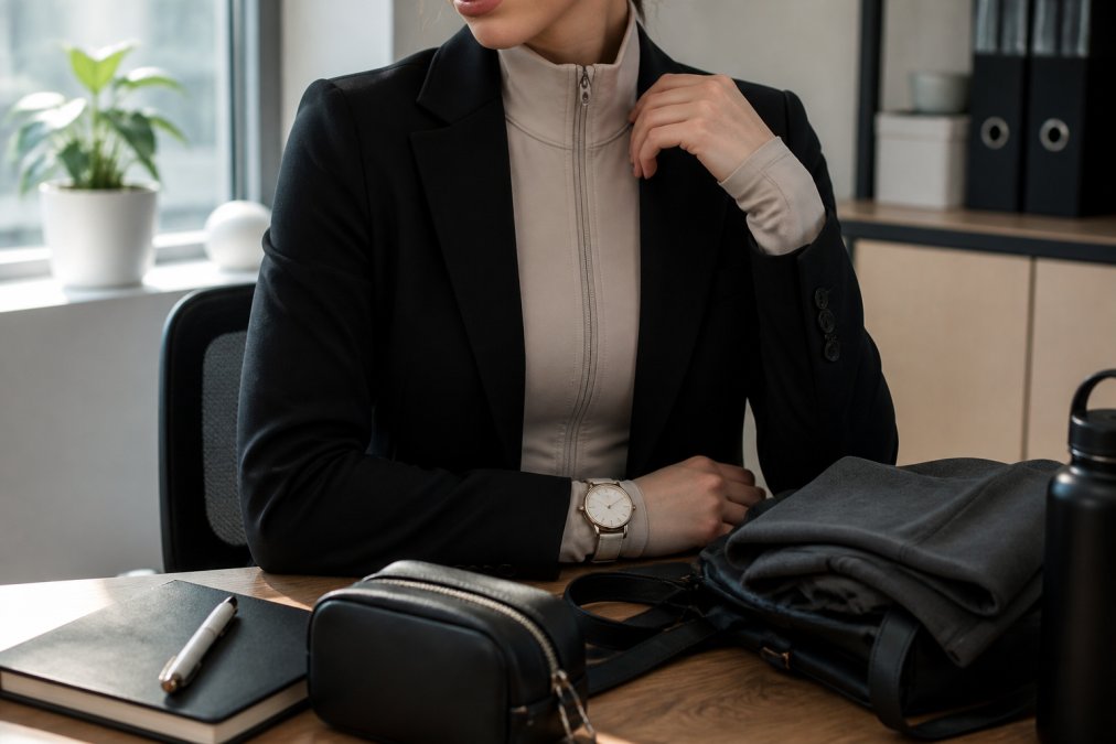 Close-up of layered athletic styling with fitted performance long-sleeve in neutral tone, structured blazer, and professional accessories arranged on person at office desk with soft natural lighting