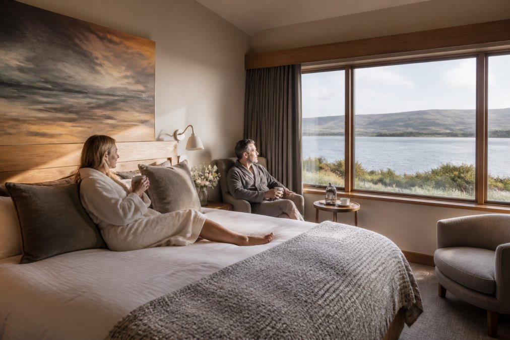 Guests relaxing in a luxurious bedroom with a handmade bed, soft natural light streaming through windows overlooking Dunvegan Loch, contemporary design with warm neutral tones and locally inspired artwork