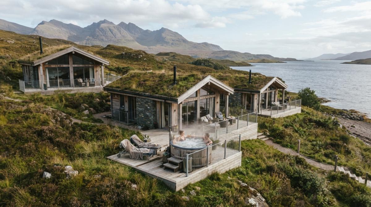 Luxury lodge with private hot tub on wooden deck overlooking Scottish Highland mountains at dusk, steam rising into cool evening air