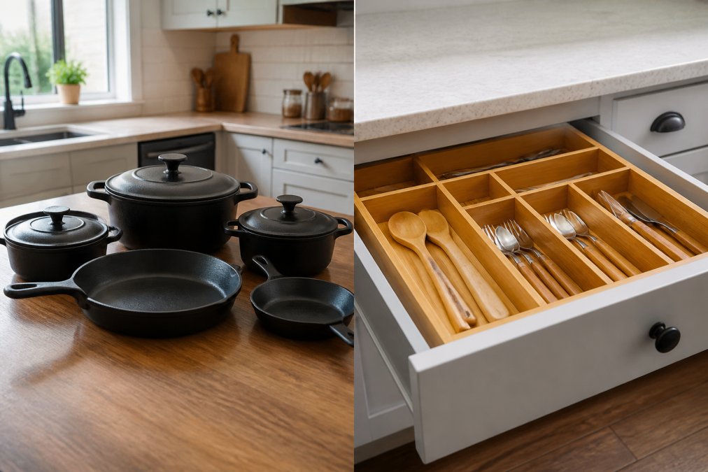 A bright, modern kitchen with a 5-piece cast iron cookware set displayed on a wooden counter, a bamboo expandable drawer organizer visible in an open drawer, and soft natural light from a nearby window