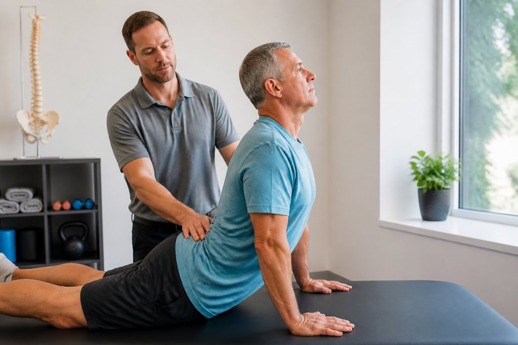 A physical therapist guiding a middle-aged adult through a gentle spinal extension exercise in a bright, private treatment room with anatomical models on a shelf