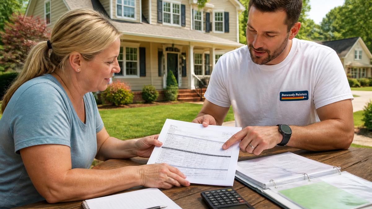 Homeowner and contractor reviewing an itemized estimate for a painting company vs CertaPro project in Atlanta.