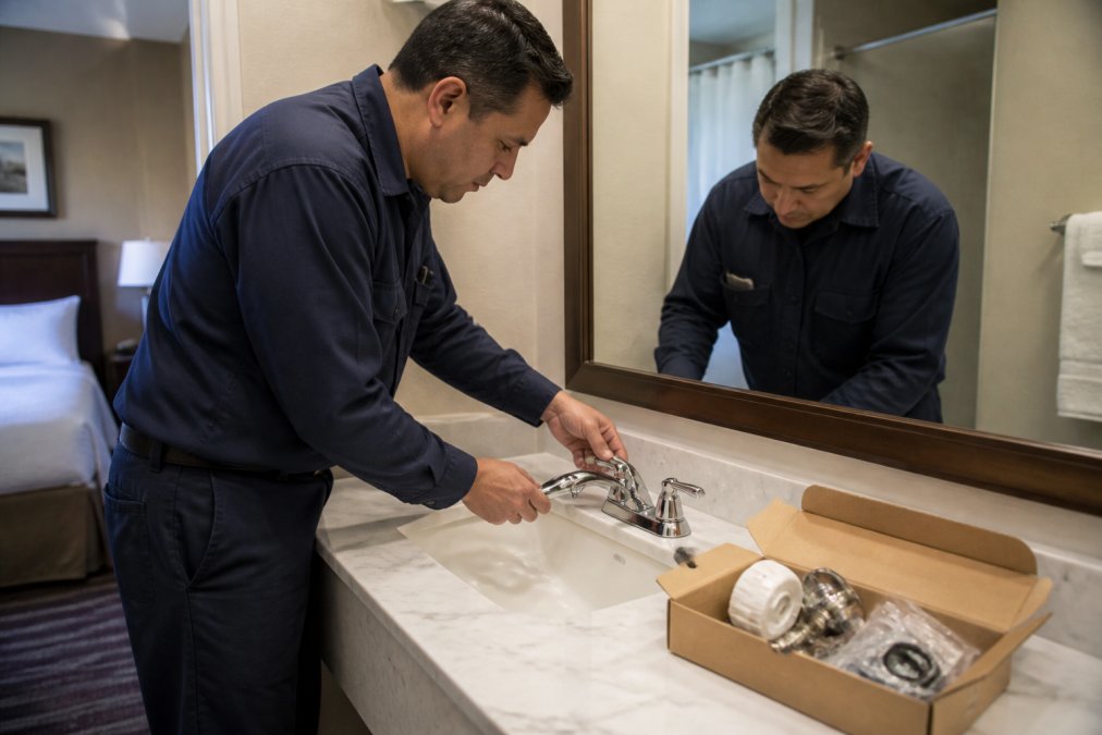 A maintenance technician in a navy uniform installing a chrome two-handle centerset faucet onto a bathroom sink in a hotel room, with an open pre-kitted box of parts visible on the white marble counter