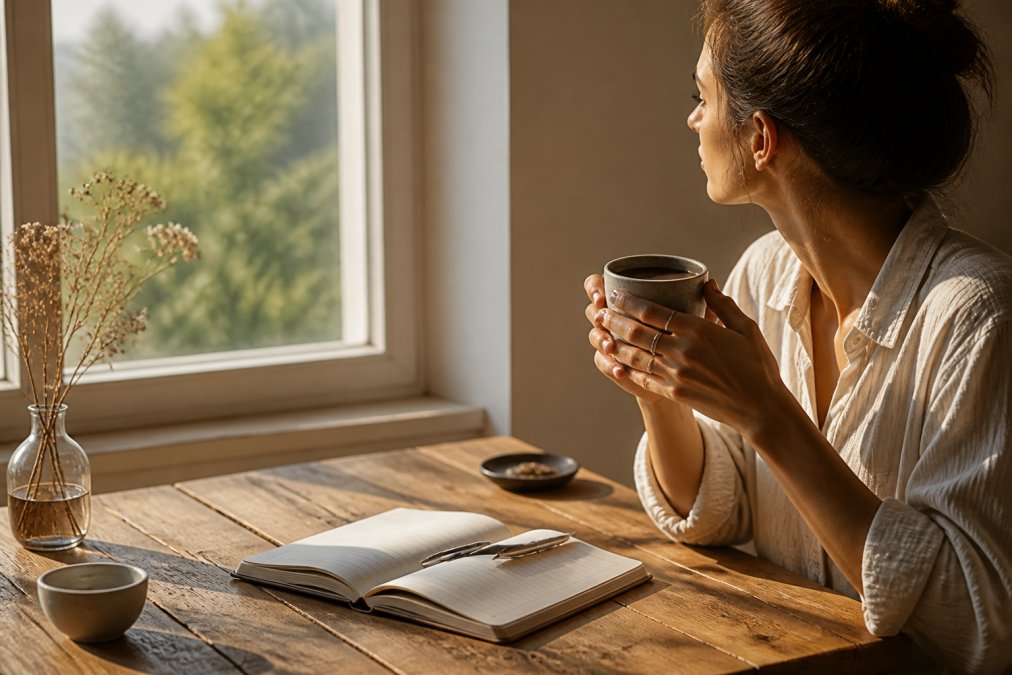 A person sitting by a sunlit window holding a ceramic mug of black coffee, journal open on the table beside them, calm and intentional morning atmosphere