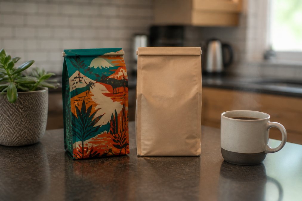 Two coffee bags side by side on a kitchen counter, one with colorful international-themed packaging and one with a simple kraft paper design, with a steaming mug of coffee nearby