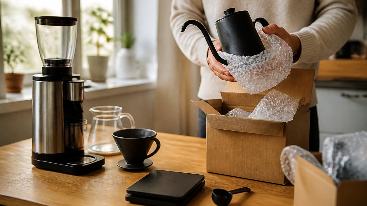 Freshly roasted coffee beans held in a hand illuminated by soft morning sunlight streaming through a window