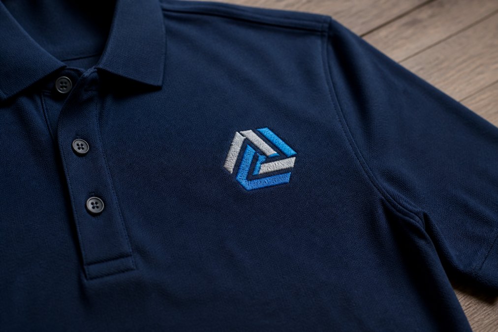 Close-up of an embroidered navy corporate polo shirt with a company logo on the left chest, detailed stitching and fabric texture visible under soft studio lighting