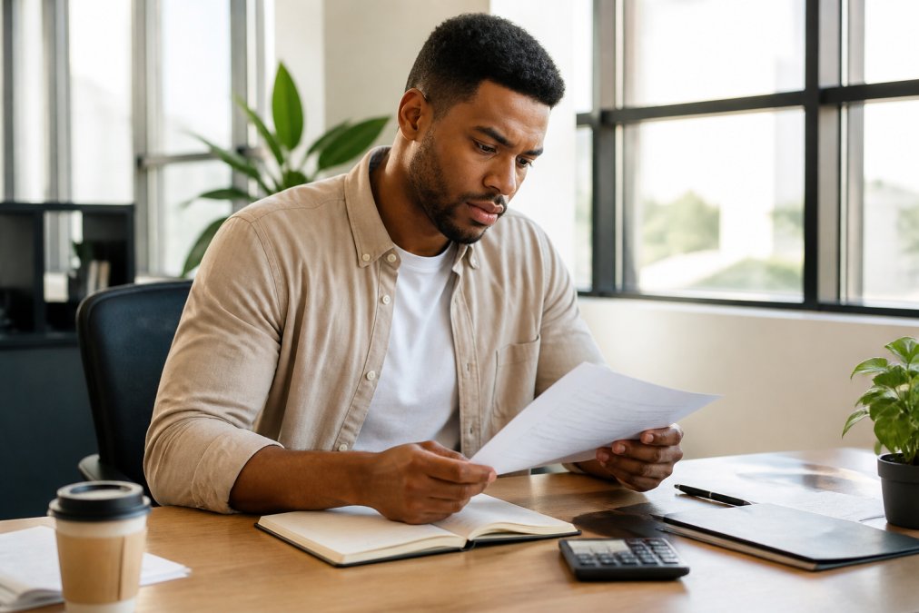 Small business owner reviewing insurance documents and policy details at their desk with a laptop and notebook, natural office lighting streaming through windows
