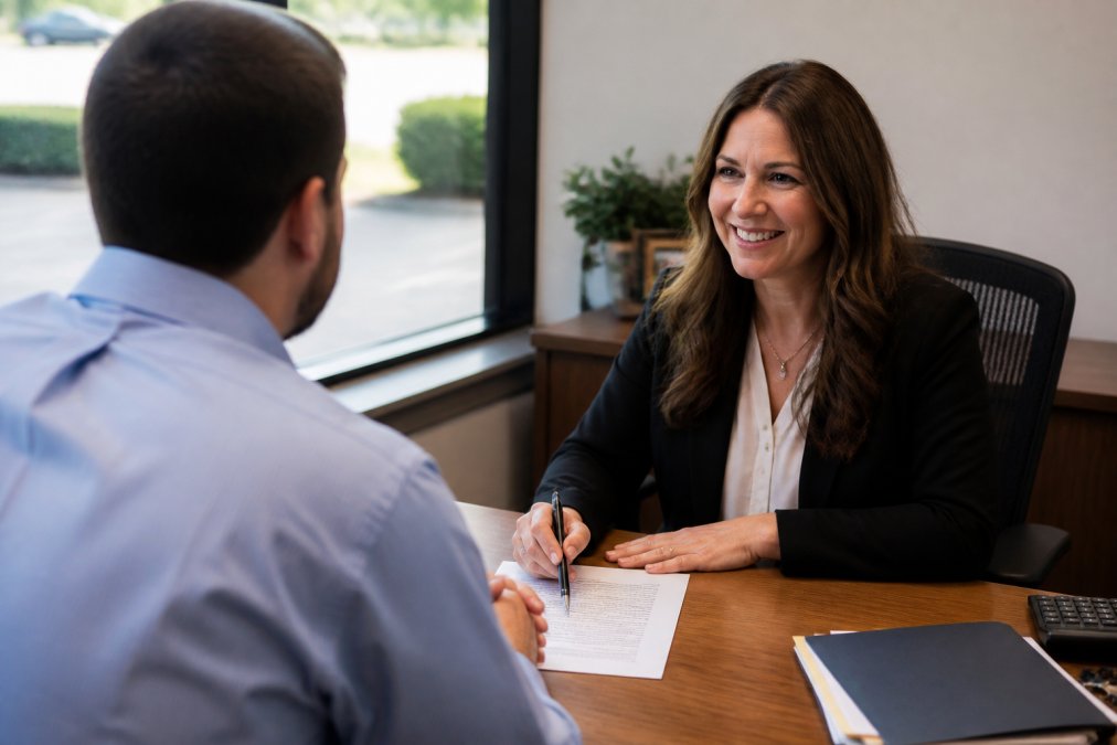 Professional insurance agent sitting across from client at wooden desk in modern office, reviewing policy documents and discussing coverage options with natural window lighting