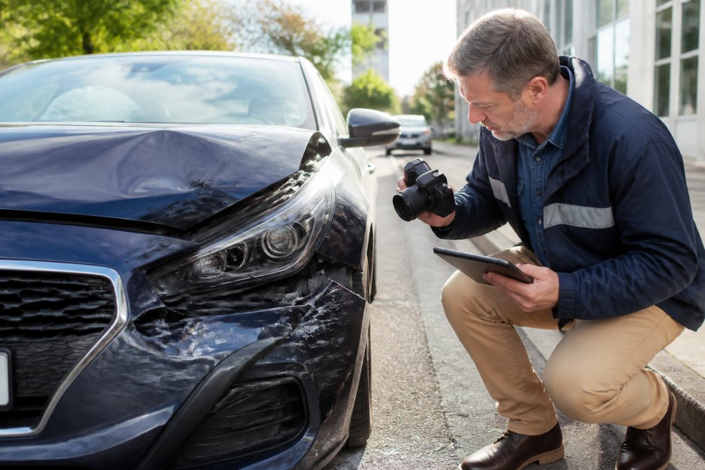 Insurance adjuster inspecting vehicle damage at accident scene with tablet and camera, documenting claim details