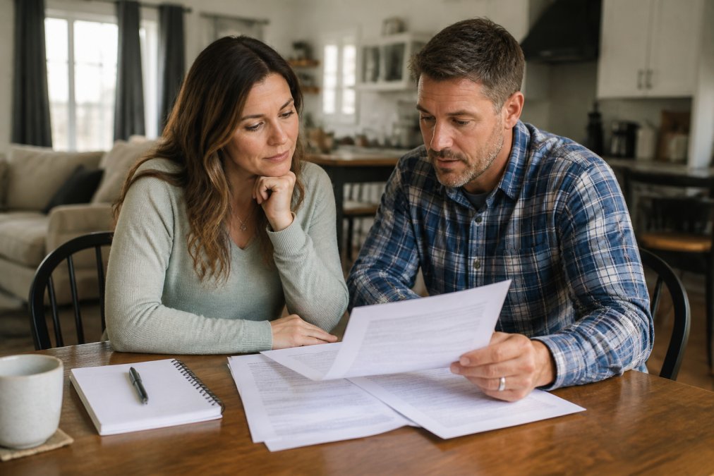 Family or couple reviewing insurance options on laptop at home with coffee and notepad nearby, discussing policy documents