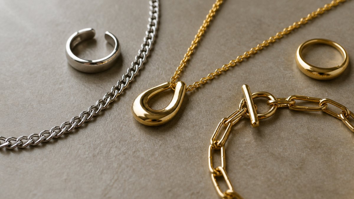 Close-up of stainless steel and gold-plated jewelry pieces on a neutral surface, showing detail of finish and construction quality