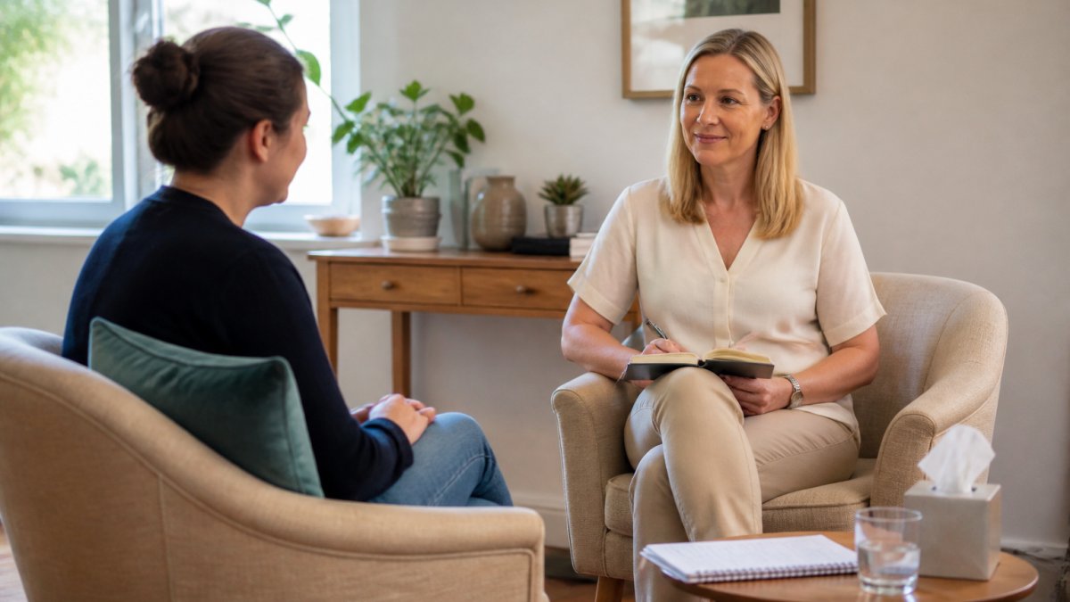 Two people sitting in comfortable armchairs facing each other in a bright, calm counselling room with soft natural light, notepads on a small side table, conveying a warm therapeutic conversation
