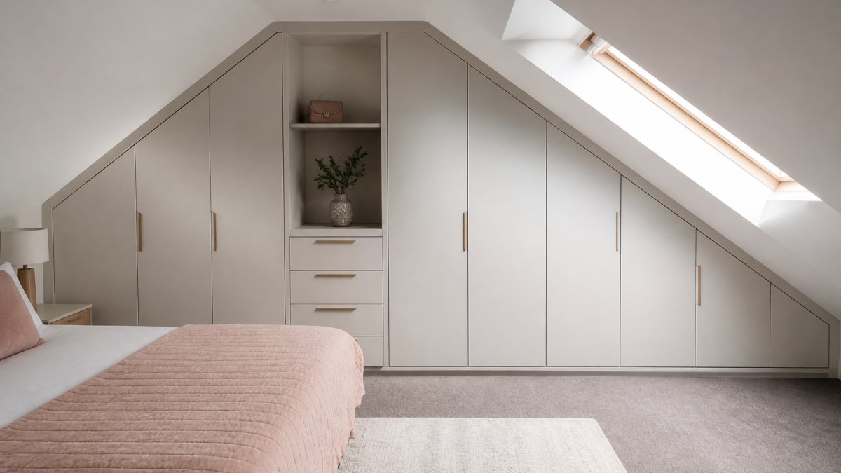 A bright attic bedroom with a bespoke fitted wardrobe following the slope of the roofline, showing low-level cupboards along the eaves and a taller section where the ceiling allows