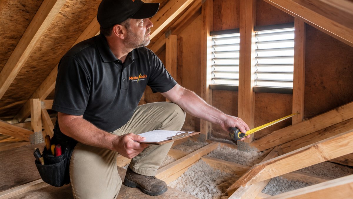 Licensed electrician conducting attic assessment with measuring tools and clipboard in residential attic space, natural light from existing vents