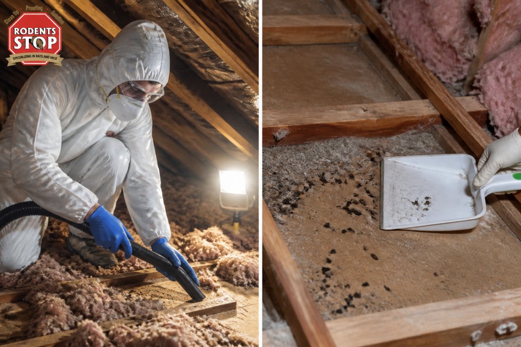A professional remediation technician in full PPE, N95 respirator, nitrile gloves, and a white Tyvek coverall suit, carefully working inside a dusty attic space with blown-in insulation visible around them and a bright work light illuminating the area