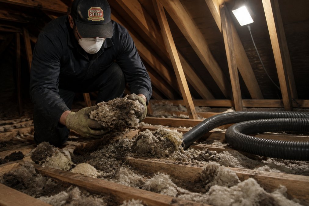 A worker in gloves and a dust mask kneeling on attic joists, pulling out clumps of discolored and matted blown-in insulation, with a large commercial vacuum hose coiled nearby and debris visible under a bright work light
