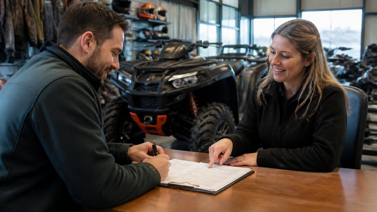 Finance specialist helping a customer review ATV financing paperwork at a dealership showroom