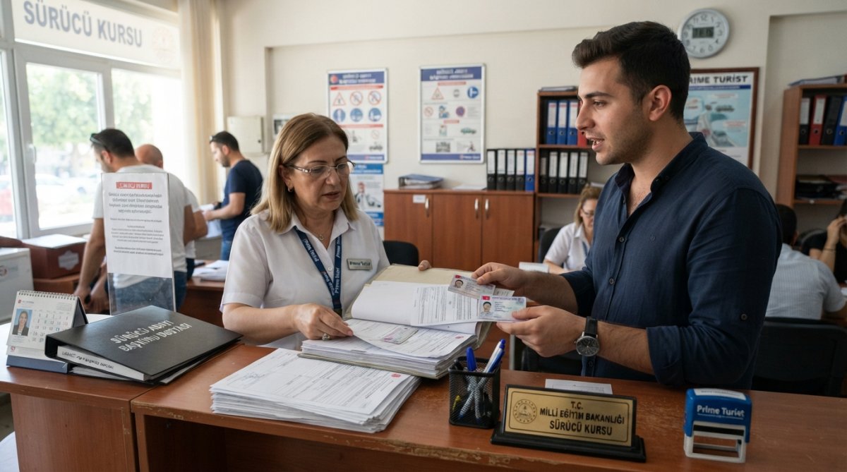 Kişinin ehliyet sınav merkezinde danışman masasında belgelerini sunması, arka planda başvuru formu ve kimlik belgelerinin görülmesi, modern ofis ortamında doğal ışık
