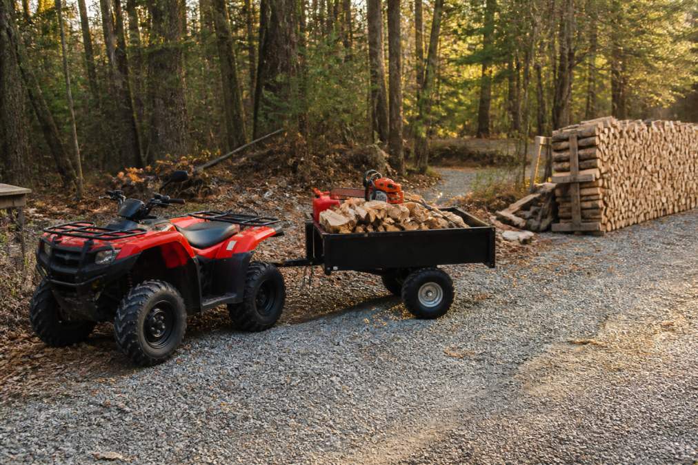 A red ATV with a small utility trailer attached, parked on a gravel driveway beside a wooded property line, loaded with split firewood and chainsaw tools in late afternoon light