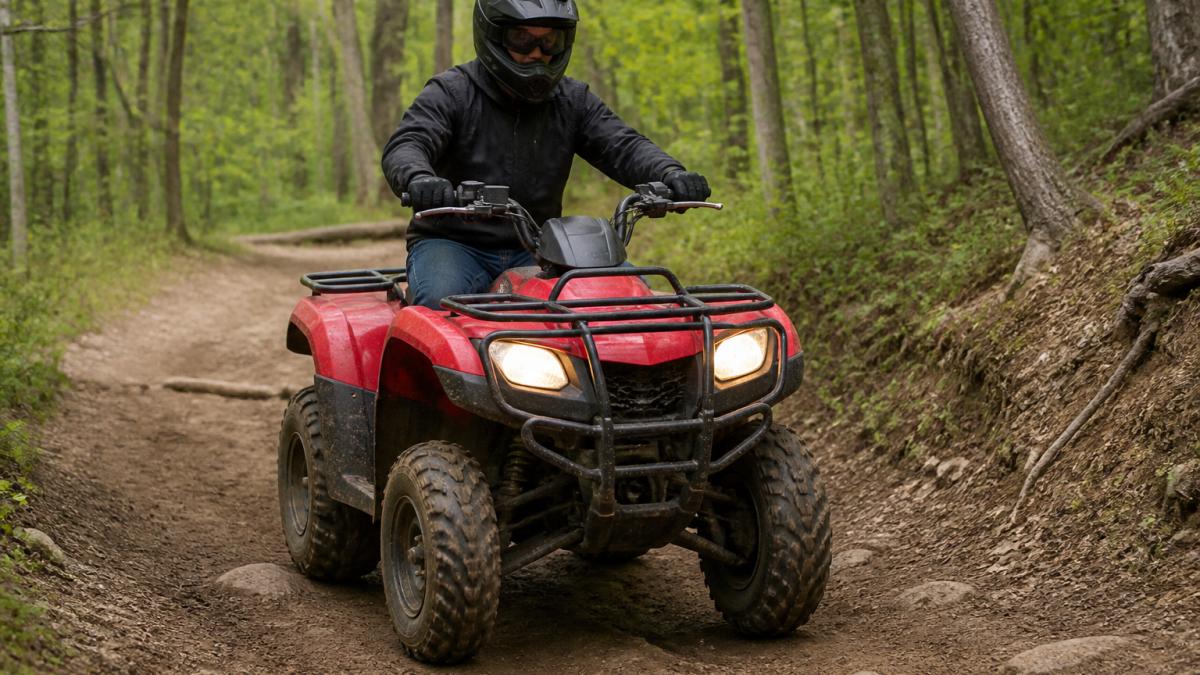 Solo rider on a quad ATV in straddle position with handlebars on a dirt trail, showing compact riding stance and tight trail maneuverability