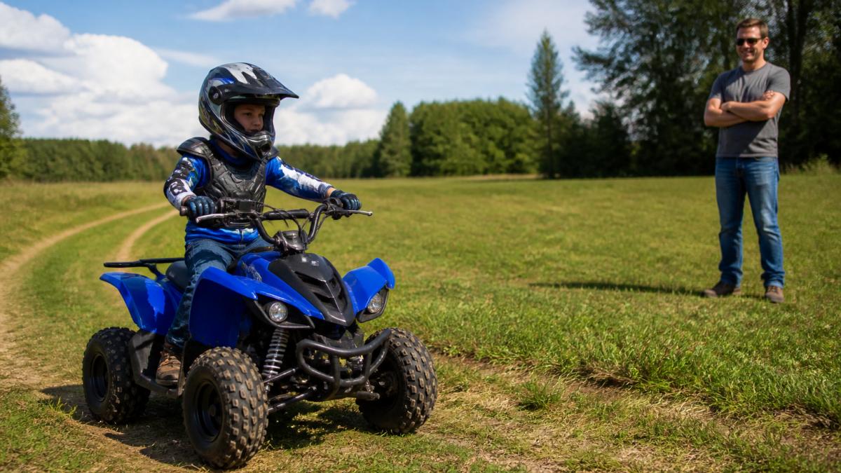 Young rider on a youth ATV navigating a grassy trail with a parent watching from the sideline in an open field on a sunny day