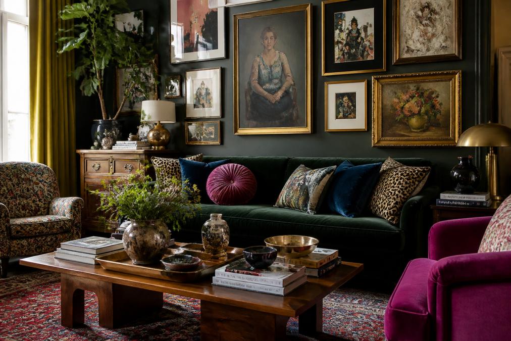 Living room interior showcasing layered textures with mixed patterned upholstery, brass and walnut furniture, stacked artwork on walls, plush velvet seating, and curated decorative objects creating visual depth and sophistication