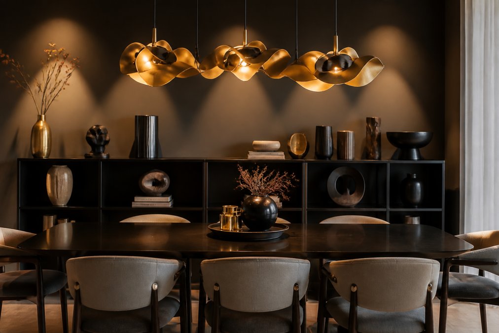 Elegant dining room featuring sculptural pendant lighting as focal point, with warm brass fixtures casting dramatic shadows, ambient lighting creating visual depth, and curated statement decor pieces on shelves below