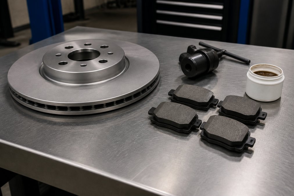 Close-up of a brand-new Audi brake disc rotor and a set of ceramic brake pads laid out on a clean, well-lit workbench, with a caliper piston tool and brake grease nearby