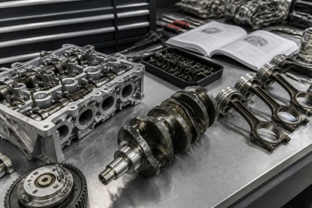 Close-up of a disassembled Audi engine showing cylinder head, crankshaft, and internal components laid out on a clean workbench with precision tools and technical documentation nearby