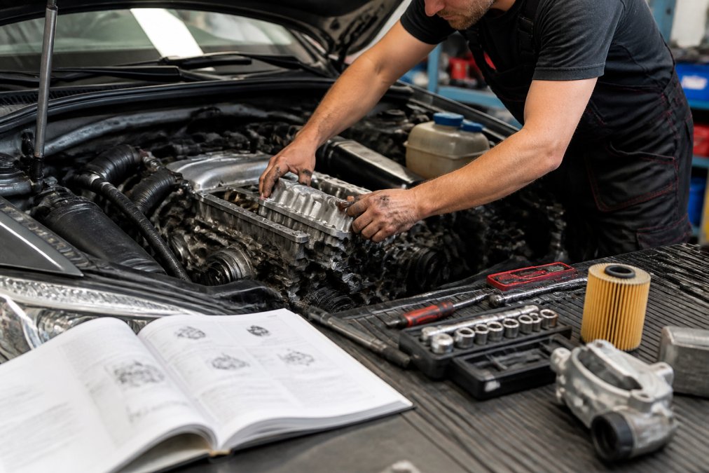 Mechanic's hands installing an engine component into an Audi A4 engine bay, with precision tools, technical documentation, and a parts manual visible on the workbench in natural workshop lighting