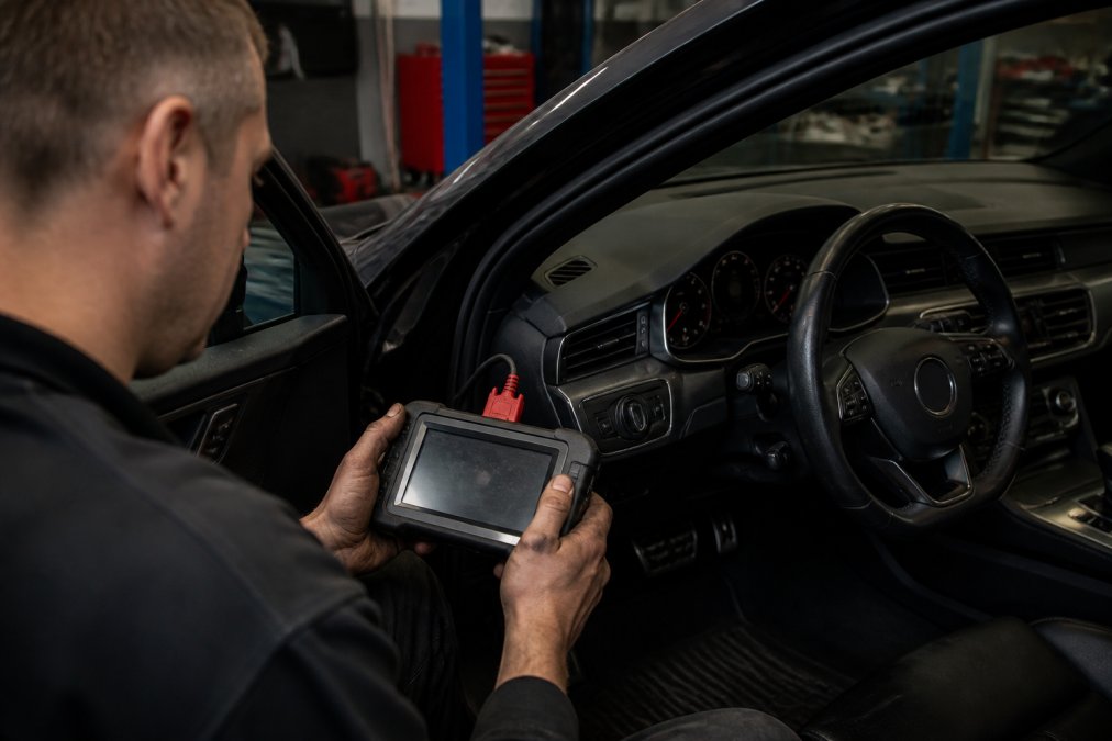 Mechanic using a diagnostic scan tool to identify faults for matrix LED headlight repair on an Audi A6 dashboard.