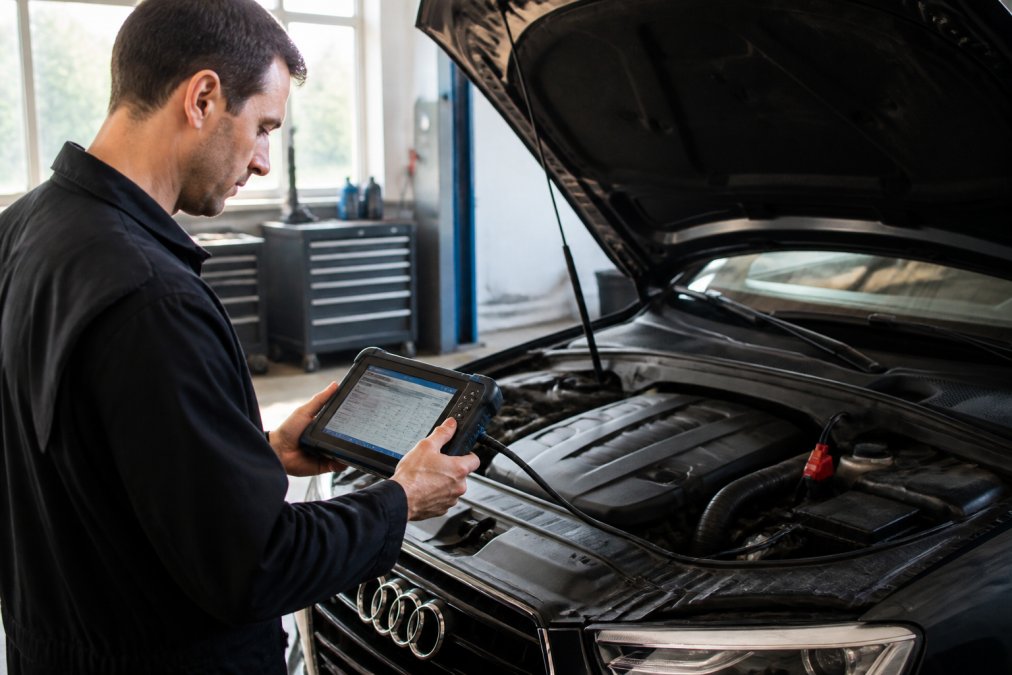 Home mechanic in a garage bay using a diagnostic scanner connected to an Audi engine, the scanner's display showing live data streams and trouble codes, with the vehicle's hood open and natural light streaming through windows