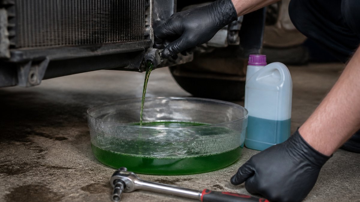Close-up of a mechanic's gloved hands draining coolant from a radiator petcock into a clear pan, with a socket wrench and OEM coolant bottle visible on a garage floor