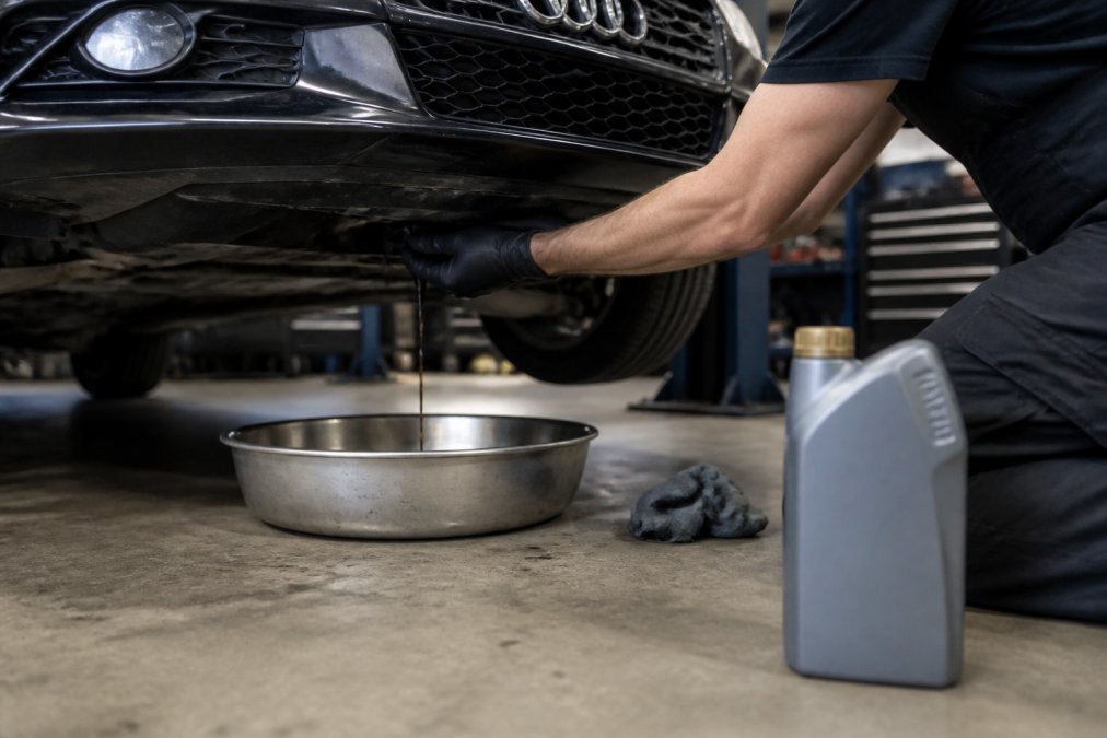 Mechanic's hands performing an oil change on an Audi engine, with a fresh synthetic oil bottle and metal drain pan visible on the ground, showing proper technique and workspace organization