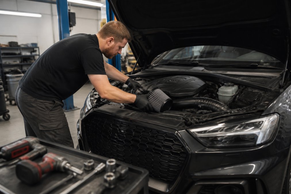 A mechanic in a clean garage installing a performance air intake on a modern Audi sedan, tools laid out on a workbench nearby, overhead shop lighting