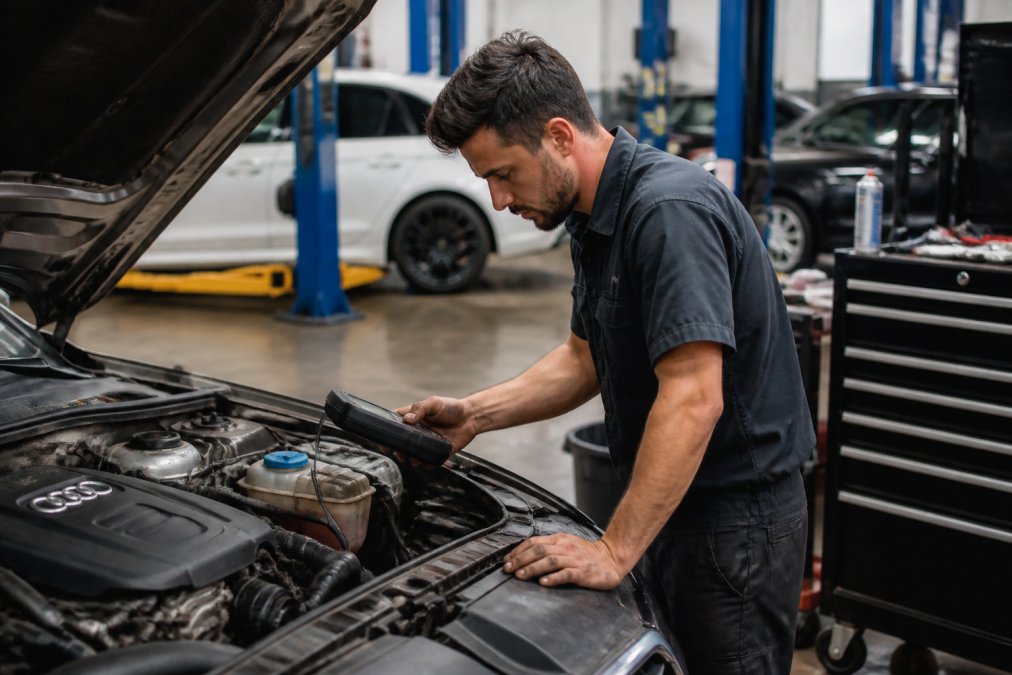ASE-certified mechanic performing a diagnostic scan for Audi repair Boynton Beach in a professional auto shop.